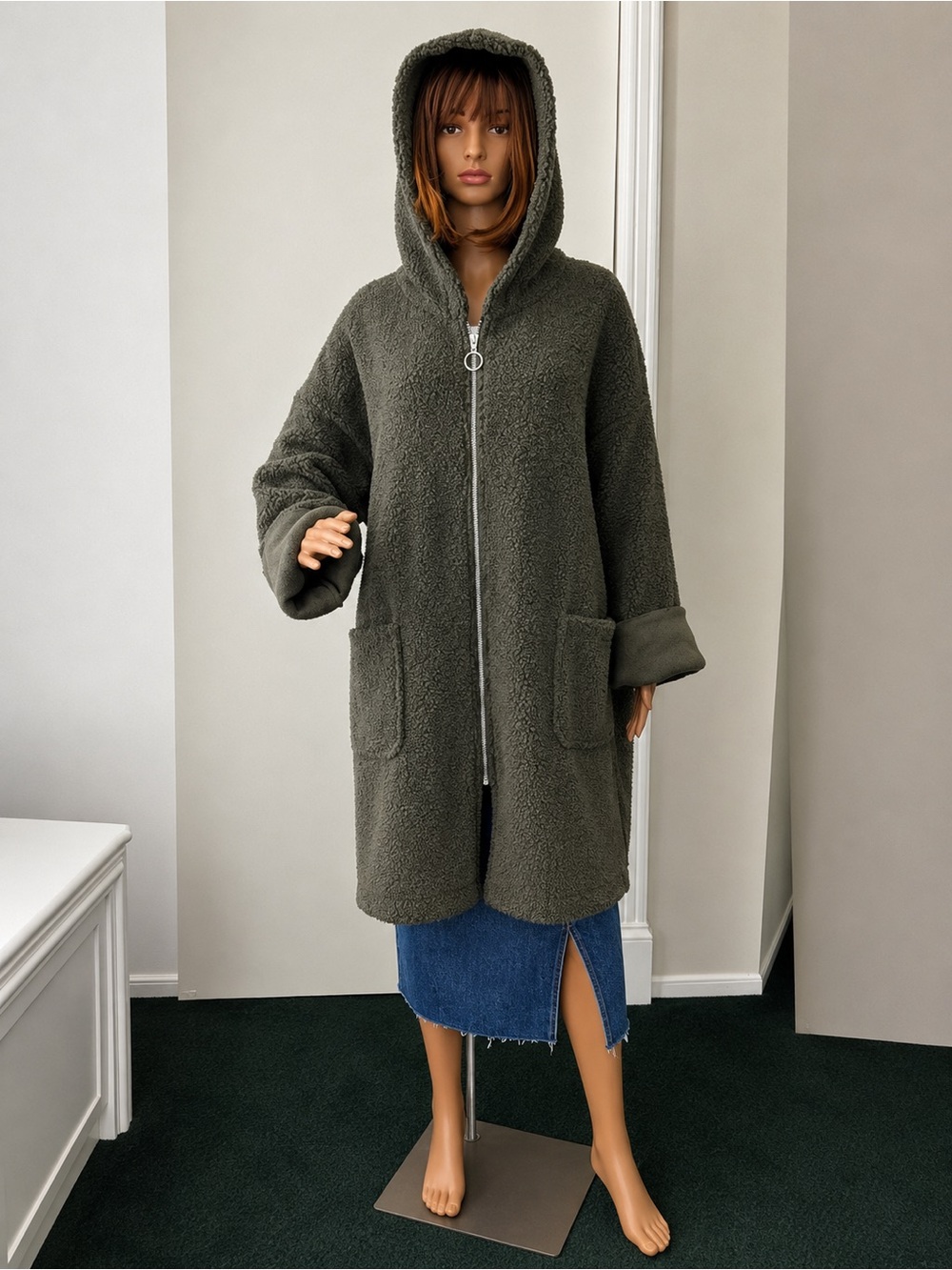 Plush Teddy Long Coat in Olive Green